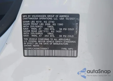 2021 Volkswagen Atlas 3.6L V6 Se W/Technology R-Line из США, поврежденный, VIN 1V2RR2CA5MC568647